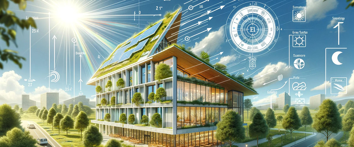 dibujo de edificio de cristal con paneles solares en cubierta