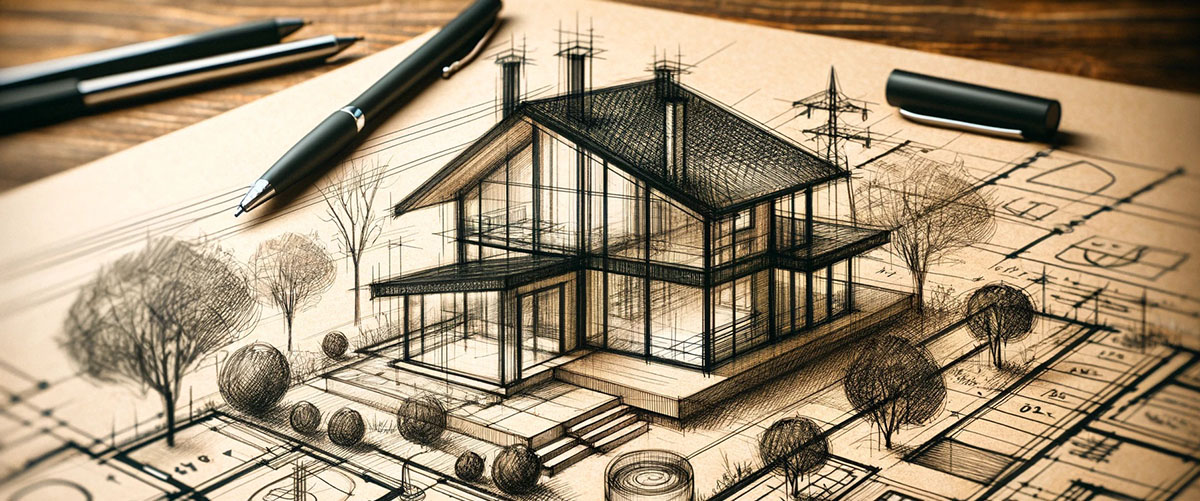 croquis de una axonométrica de una vivienda sostenible sobre un plano